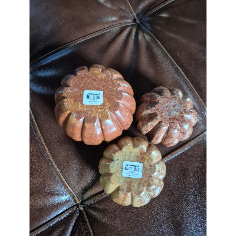 Crate & Barrel Stone Pumpkin Tealight Holders Set of 3 Neutral Fall Home Decor - Picture 2 of 6